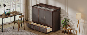 English Elm Multifunctional Queen Murphy Bed Cabinet with Usb Charging Drawers and Fold Down Wall Design Coffee W1820S00062