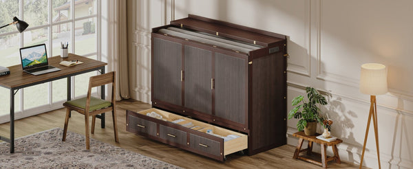 English Elm Multifunctional Queen Murphy Bed Cabinet with Usb Charging Drawers and Fold Down Wall Design Coffee W1820S00062