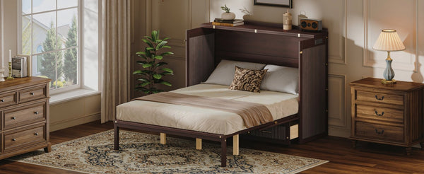 English Elm Multifunctional Queen Murphy Bed Cabinet with Usb Charging Drawers and Fold Down Wall Design Coffee W1820S00062