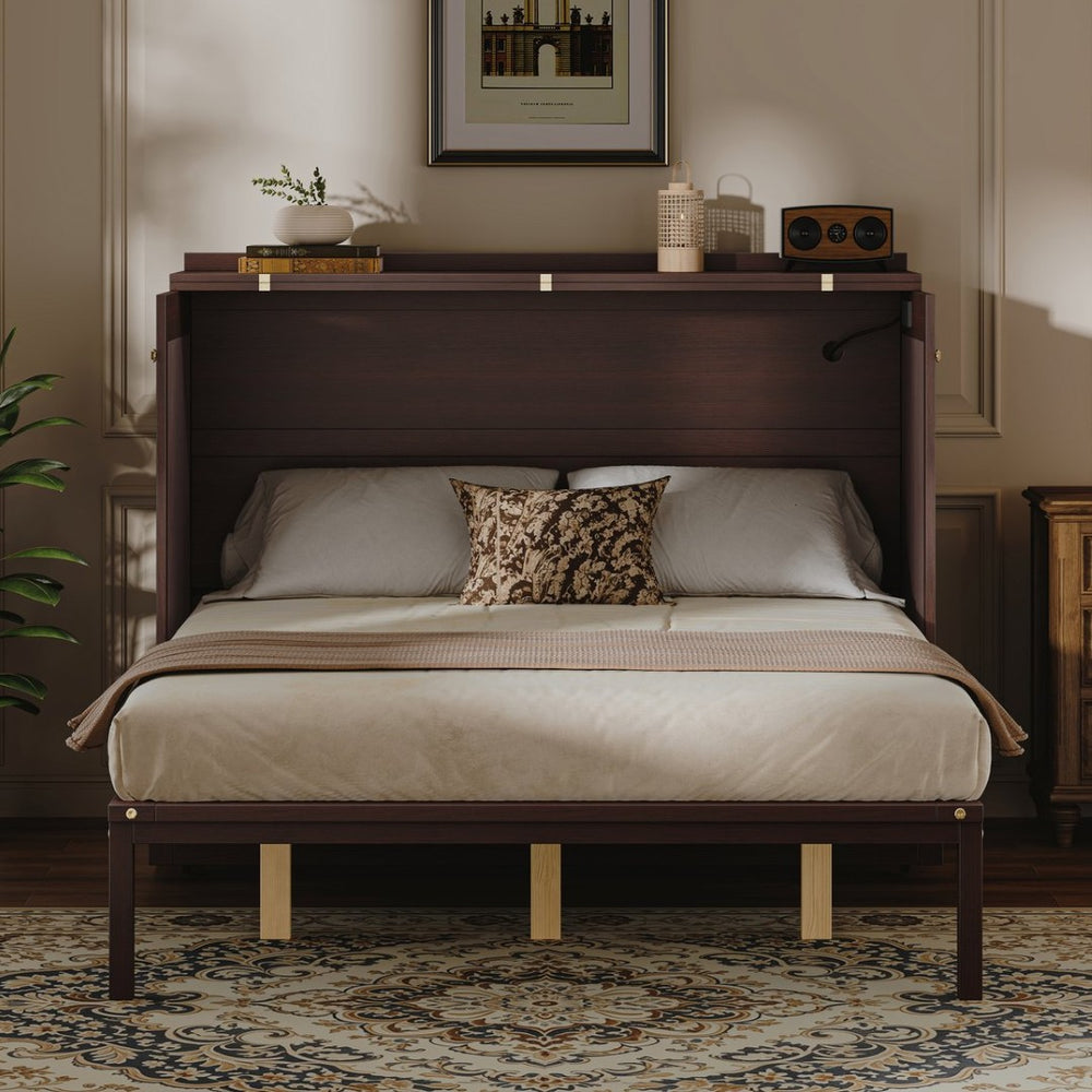 English Elm Multifunctional Queen Murphy Bed Cabinet with Usb Charging Drawers and Fold Down Wall Design Coffee W1820S00062