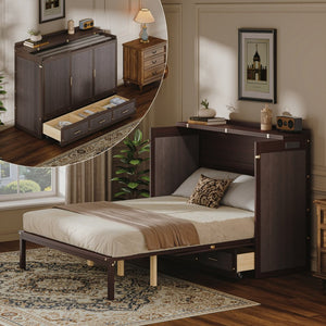 English Elm Multifunctional Queen Murphy Bed Cabinet with Usb Charging Drawers and Fold Down Wall Design Coffee W1820S00062