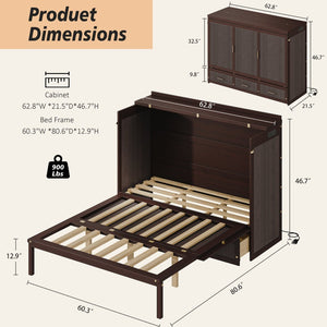 English Elm Multifunctional Queen Murphy Bed Cabinet with Usb Charging Drawers and Fold Down Wall Design Coffee W1820S00062