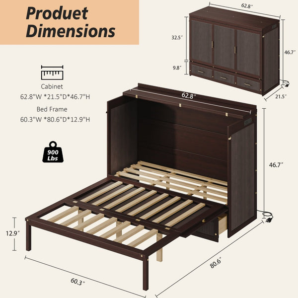English Elm Multifunctional Queen Murphy Bed Cabinet with Usb Charging Drawers and Fold Down Wall Design Coffee W1820S00062