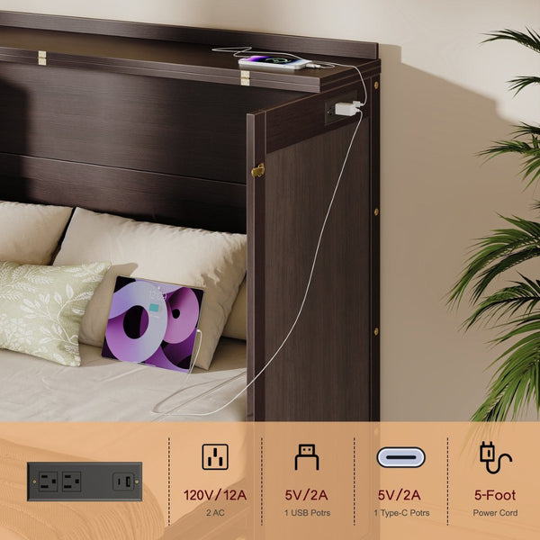 English Elm Multifunctional Queen Murphy Bed Cabinet with Usb Charging Drawers and Fold Down Wall Design Coffee W1820S00062