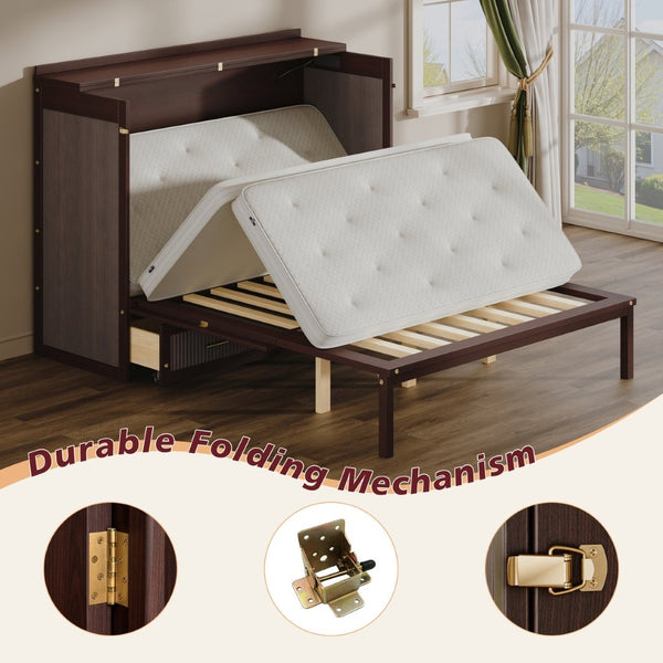 English Elm Multifunctional Queen Murphy Bed Cabinet with Usb Charging Drawers and Fold Down Wall Design Coffee W1820S00062