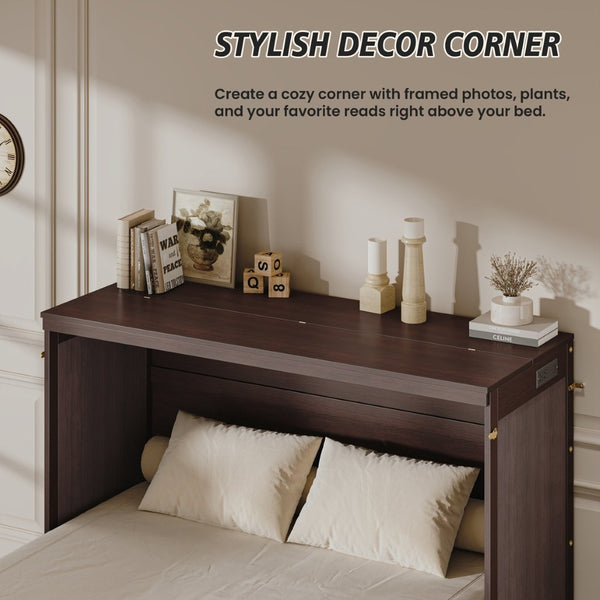 English Elm Multifunctional Queen Murphy Bed Cabinet with Usb Charging Drawers and Fold Down Wall Design Coffee W1820S00062