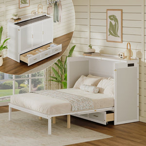 English Elm Multifunctional Queen Murphy Bed Cabinet with Usb Charging Drawers and Fold Down Wall Design White W1820S00063