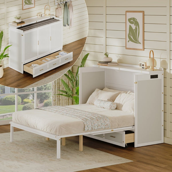 English Elm Multifunctional Queen Murphy Bed Cabinet with Usb Charging Drawers and Fold Down Wall Design White W1820S00063
