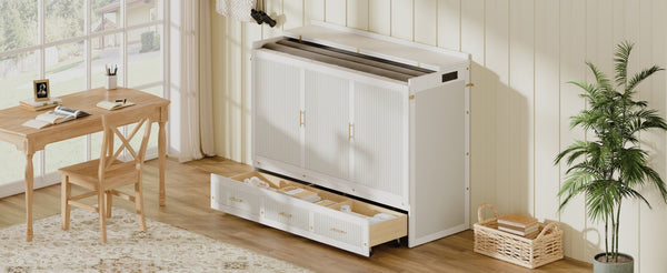 English Elm Multifunctional Queen Murphy Bed Cabinet with Usb Charging Drawers and Fold Down Wall Design White W1820S00063