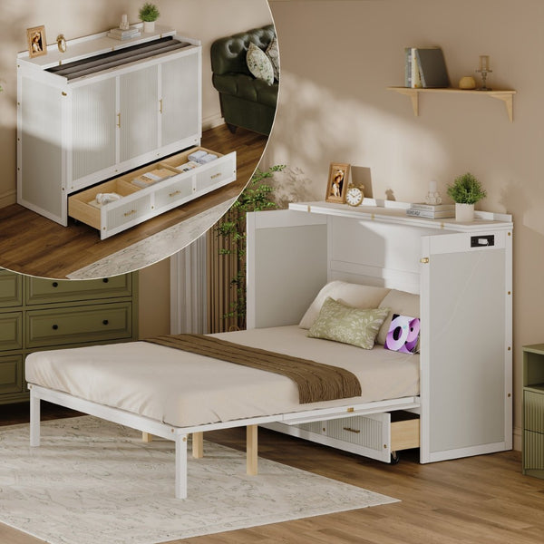 English Elm Multifunctional Queen Murphy Bed Cabinet with Usb Charging Drawers and Fold Down Wall Design White W1820S00063