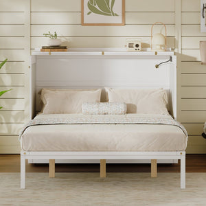 English Elm Multifunctional Queen Murphy Bed Cabinet with Usb Charging Drawers and Fold Down Wall Design White W1820S00063