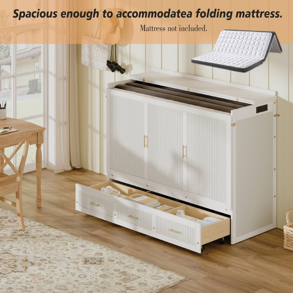 English Elm Multifunctional Queen Murphy Bed Cabinet with Usb Charging Drawers and Fold Down Wall Design White W1820S00063