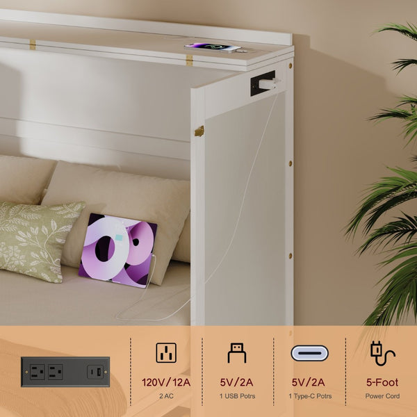 English Elm Multifunctional Queen Murphy Bed Cabinet with Usb Charging Drawers and Fold Down Wall Design White W1820S00063