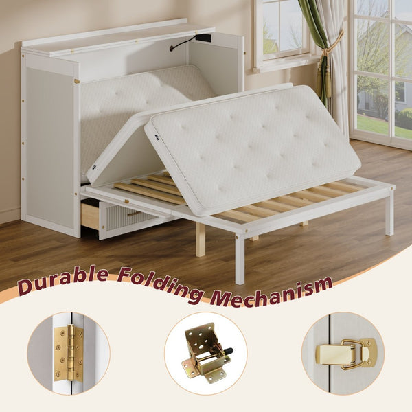 English Elm Multifunctional Queen Murphy Bed Cabinet with Usb Charging Drawers and Fold Down Wall Design White W1820S00063