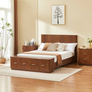 English Elm Queen Fluted Panel Platform Bed with Hydraulic Lift Storage and Footboard Bench Walnut W1820S00064