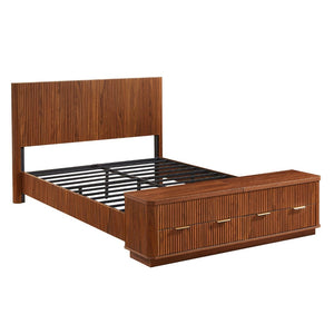 English Elm Queen Fluted Panel Platform Bed with Hydraulic Lift Storage and Footboard Bench Walnut W1820S00064