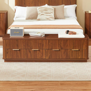 English Elm Queen Fluted Panel Platform Bed with Hydraulic Lift Storage and Footboard Bench Walnut W1820S00064