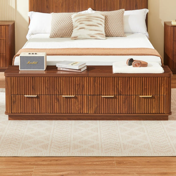 English Elm Queen Fluted Panel Platform Bed with Hydraulic Lift Storage and Footboard Bench Walnut W1820S00064