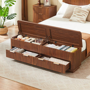 English Elm Queen Fluted Panel Platform Bed with Hydraulic Lift Storage and Footboard Bench Walnut W1820S00064