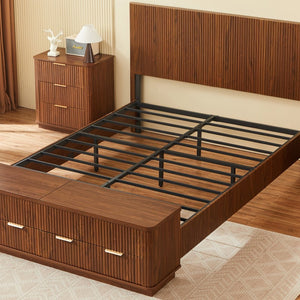 English Elm Queen Fluted Panel Platform Bed with Hydraulic Lift Storage and Footboard Bench Walnut W1820S00064