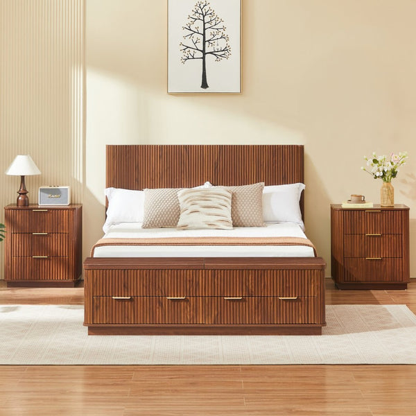 English Elm Queen Fluted Panel Platform Bed with Hydraulic Lift Storage and Footboard Bench Walnut W1820S00064