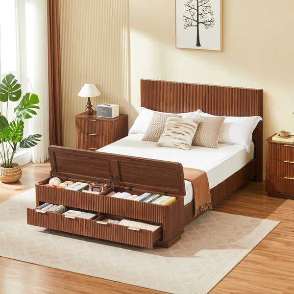 English Elm Queen Fluted Panel Platform Bed with Hydraulic Lift Storage and Footboard Bench Walnut W1820S00064