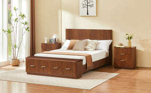 English Elm Queen Fluted Panel Platform Bed with Hydraulic Lift Storage and Footboard Bench Walnut W1820S00064