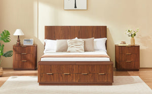 English Elm Queen Fluted Panel Platform Bed with Hydraulic Lift Storage and Footboard Bench Walnut W1820S00064