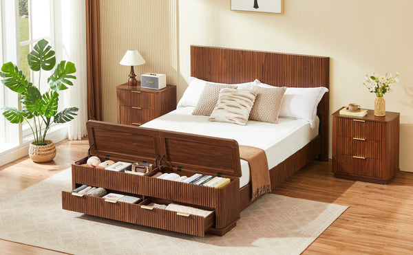 English Elm Queen Fluted Panel Platform Bed with Hydraulic Lift Storage and Footboard Bench Walnut W1820S00064