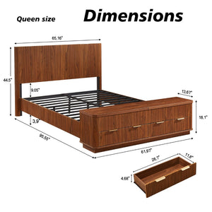 English Elm Queen Fluted Panel Platform Bed with Hydraulic Lift Storage and Footboard Bench Walnut W1820S00064