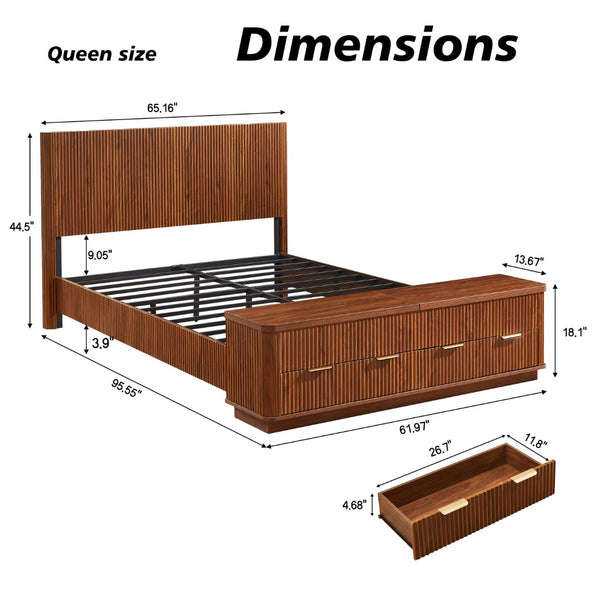 English Elm Queen Fluted Panel Platform Bed with Hydraulic Lift Storage and Footboard Bench Walnut W1820S00064