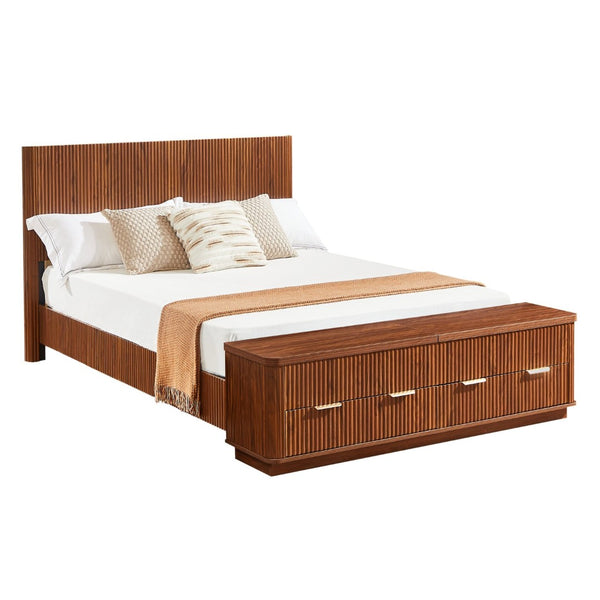 English Elm Queen Fluted Panel Platform Bed with Hydraulic Lift Storage and Footboard Bench Walnut W1820S00064