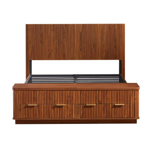 English Elm Queen Fluted Panel Platform Bed with Hydraulic Lift Storage and Footboard Bench Walnut W1820S00064