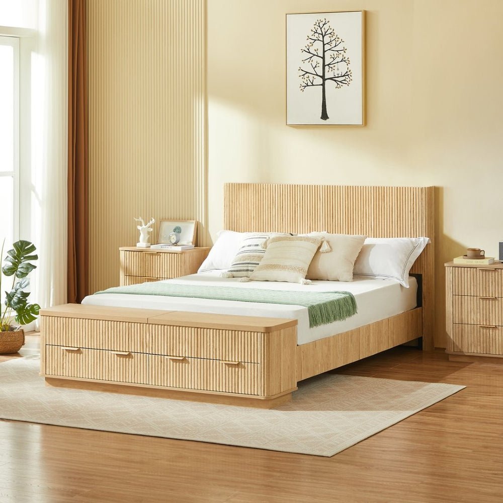 English Elm Queen Fluted Panel Platform Bed with Hydraulic Lift Storage and Footboard Bench Oak W1820S00065