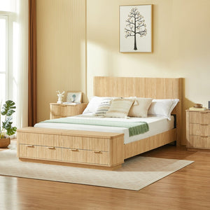 English Elm Queen Fluted Panel Platform Bed with Hydraulic Lift Storage and Footboard Bench Oak W1820S00065