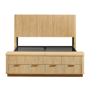 English Elm Queen Fluted Panel Platform Bed with Hydraulic Lift Storage and Footboard Bench Oak W1820S00065
