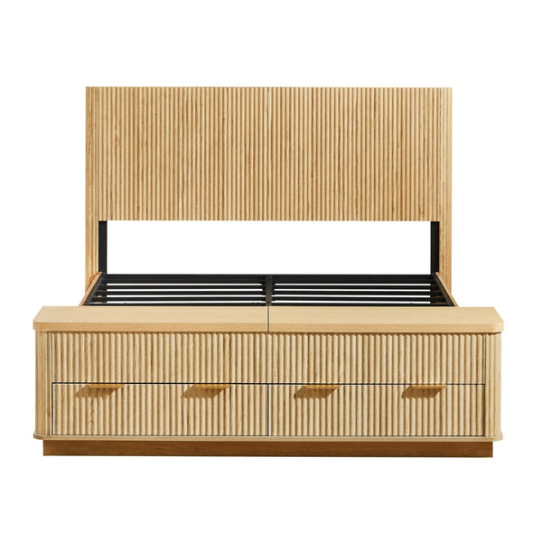 English Elm Queen Fluted Panel Platform Bed with Hydraulic Lift Storage and Footboard Bench Oak W1820S00065