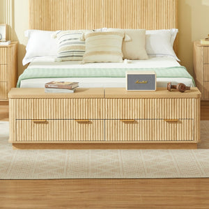English Elm Queen Fluted Panel Platform Bed with Hydraulic Lift Storage and Footboard Bench Oak W1820S00065