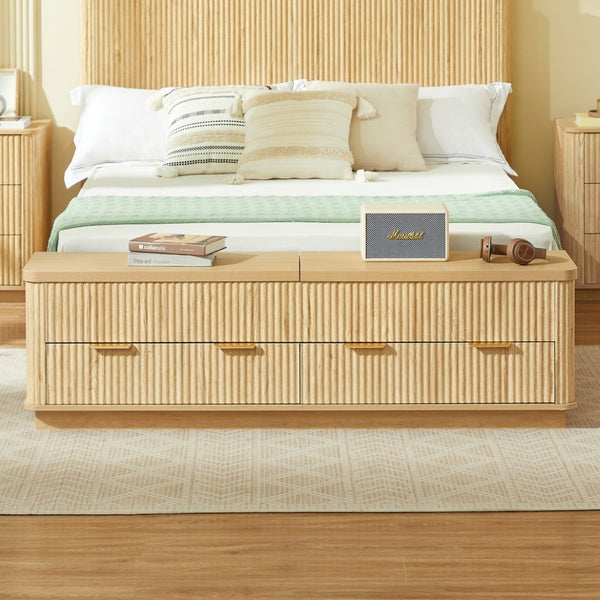 English Elm Queen Fluted Panel Platform Bed with Hydraulic Lift Storage and Footboard Bench Oak W1820S00065