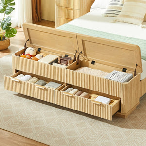 English Elm Queen Fluted Panel Platform Bed with Hydraulic Lift Storage and Footboard Bench Oak W1820S00065