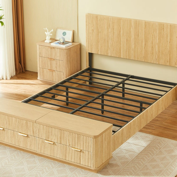 English Elm Queen Fluted Panel Platform Bed with Hydraulic Lift Storage and Footboard Bench Oak W1820S00065