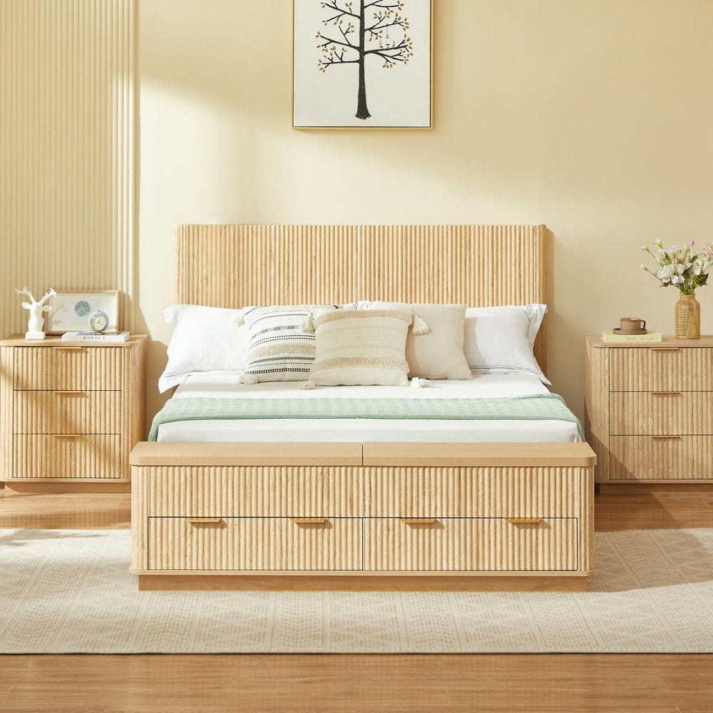 English Elm Queen Fluted Panel Platform Bed with Hydraulic Lift Storage and Footboard Bench Oak W1820S00065