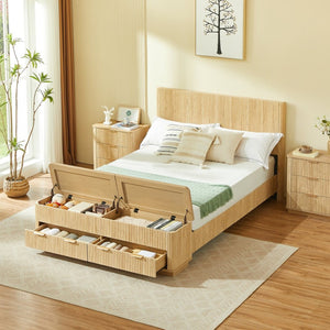 English Elm Queen Fluted Panel Platform Bed with Hydraulic Lift Storage and Footboard Bench Oak W1820S00065