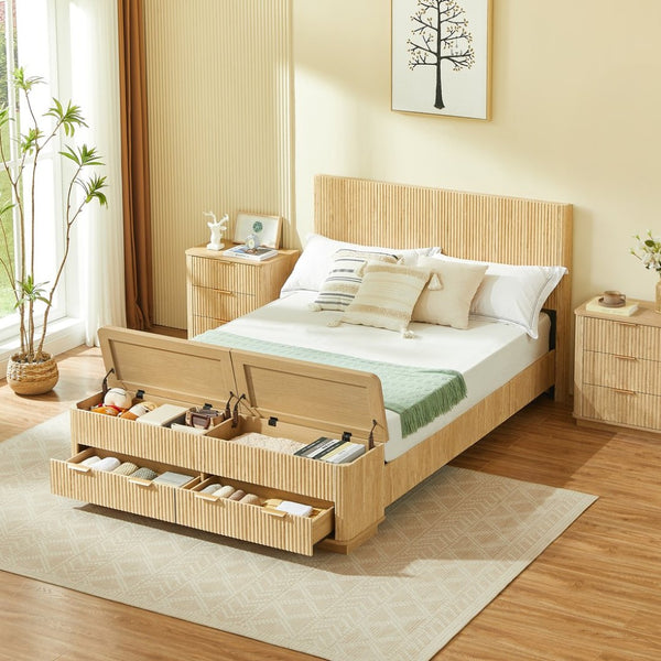 English Elm Queen Fluted Panel Platform Bed with Hydraulic Lift Storage and Footboard Bench Oak W1820S00065