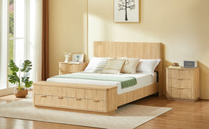 English Elm Queen Fluted Panel Platform Bed with Hydraulic Lift Storage and Footboard Bench Oak W1820S00065