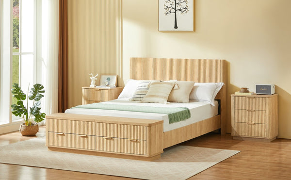 English Elm Queen Fluted Panel Platform Bed with Hydraulic Lift Storage and Footboard Bench Oak W1820S00065