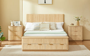 English Elm Queen Fluted Panel Platform Bed with Hydraulic Lift Storage and Footboard Bench Oak W1820S00065
