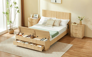 English Elm Queen Fluted Panel Platform Bed with Hydraulic Lift Storage and Footboard Bench Oak W1820S00065