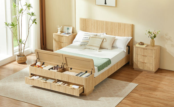 English Elm Queen Fluted Panel Platform Bed with Hydraulic Lift Storage and Footboard Bench Oak W1820S00065