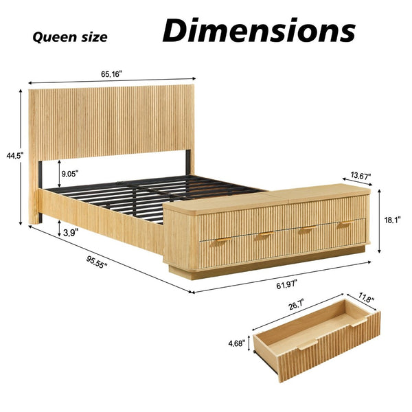 English Elm Queen Fluted Panel Platform Bed with Hydraulic Lift Storage and Footboard Bench Oak W1820S00065